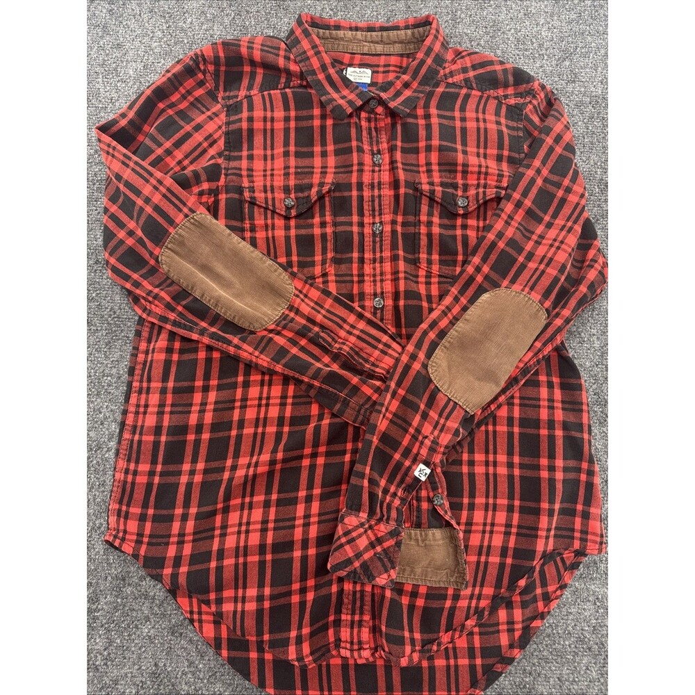 KAVU Women’s M Red Black Plaid Flannel Shirt Corduroy Elbow Patches Outdoor